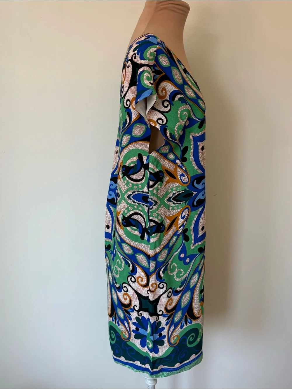Anthropologie Maeve Folksong Green Blue Multi Paisley V-Neck Shift Dress EUC XS